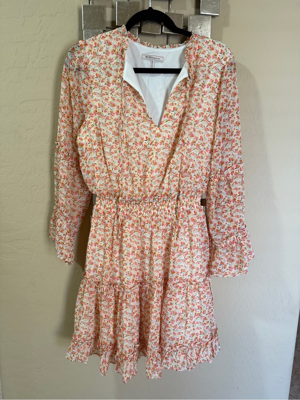 BCBGeneration Cream Floral Smocked Waist Mini Dress